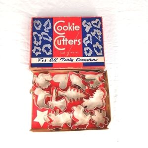 Vintage Metal Cookie Cutters Box Set Lot Christmas Party Occasions 1940s Retro